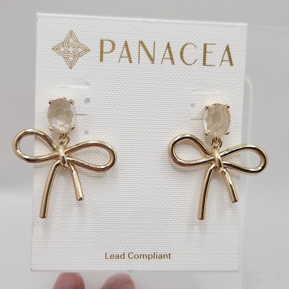 Panacea Crystal Bow Drop Earrings‎ Gold Tone Coquette Ribbon Preppy